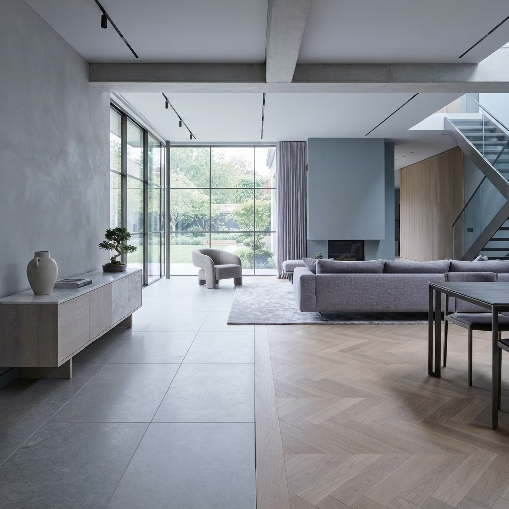Transition entre carrelage et parquet dans un intérieur contemporain