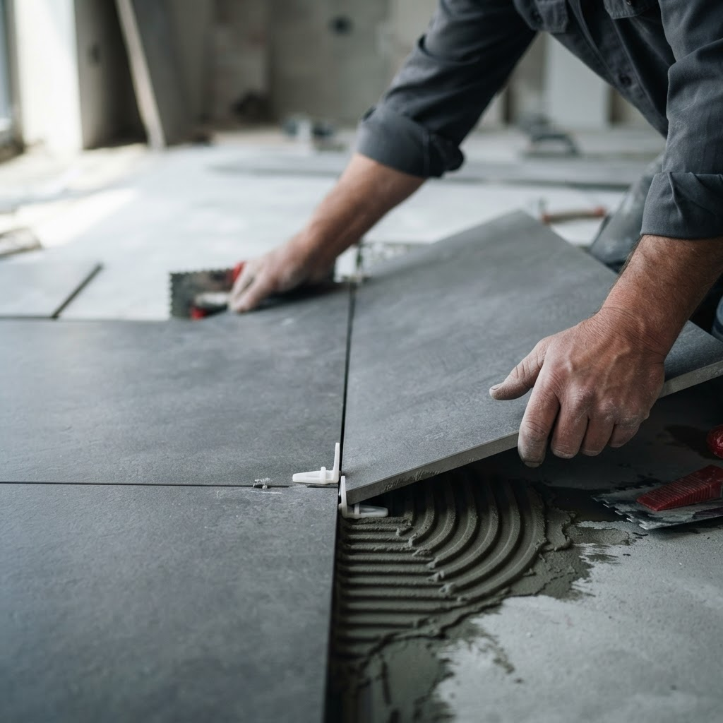 Pose précise d'un carrelage grand format par un artisan Concept Carrelage