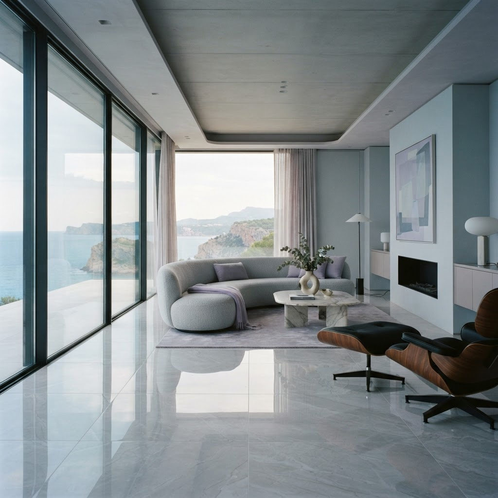 Intérieur contemporain avec carrelage grand format posé par Concept Carrelage